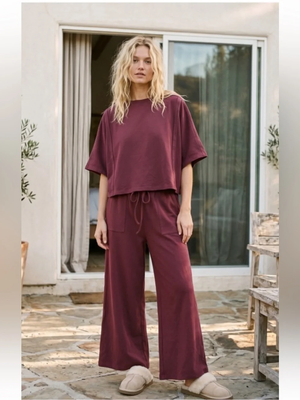 098. Brushed stretch wide leg pant & boxy top set maroon